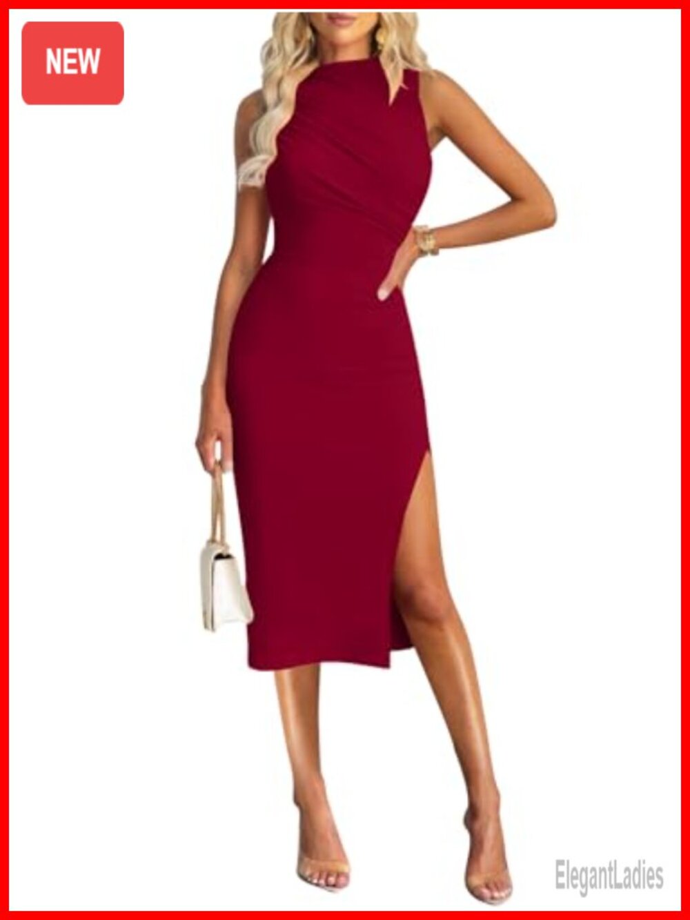 Mock Neck Ruched Bodycon Midi Dress Sleeveless Side Slit Cocktail Party